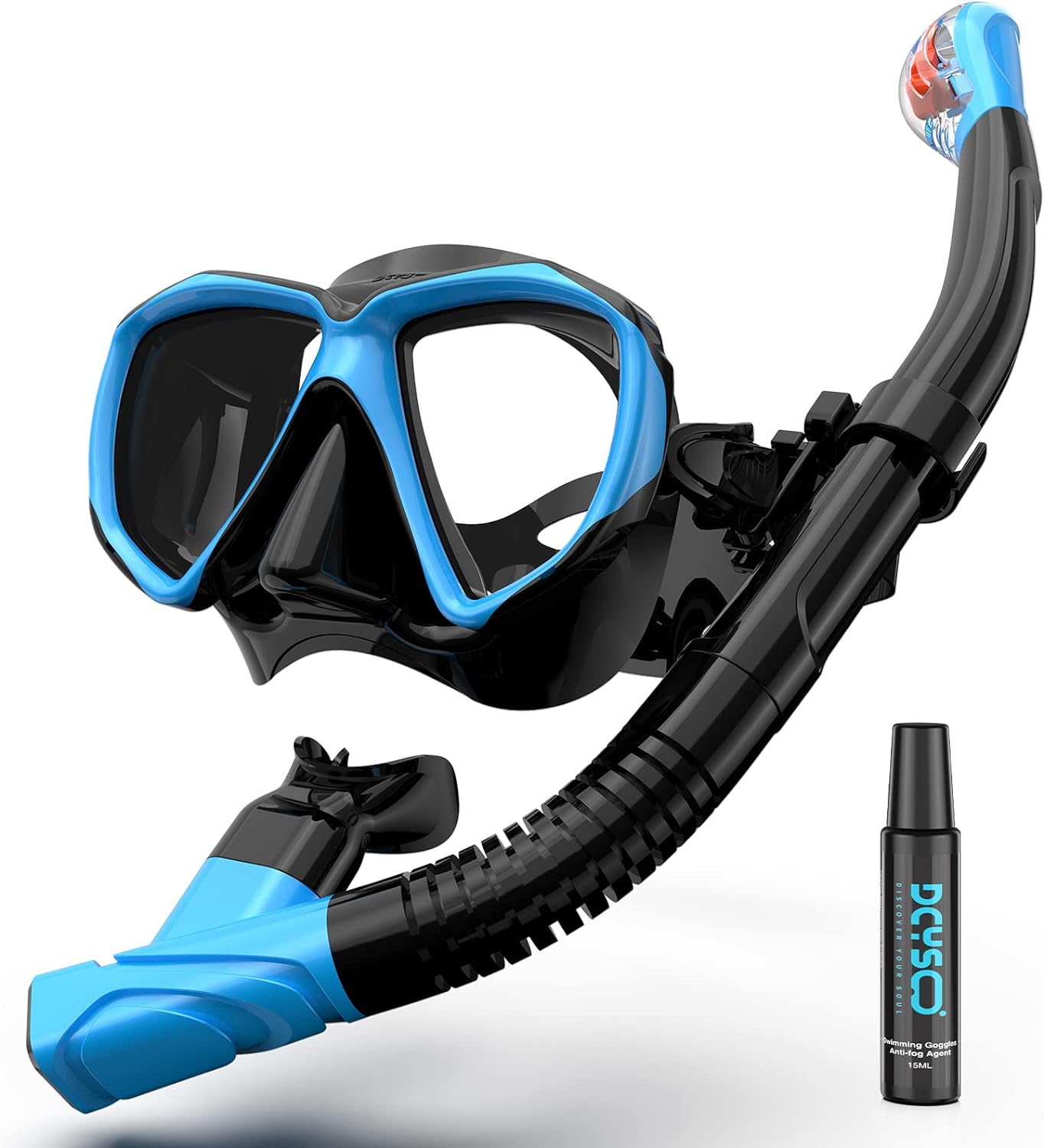 Snorkel Set Adults Snorkeling Gear with Anti-Fog Spray Silicone, Adults Adjustable Panoramic View Swim Mask Dry Top Snorkel Kit, Snorkeling Diving Swimming Travel, Tempered Glass Scuba Mask