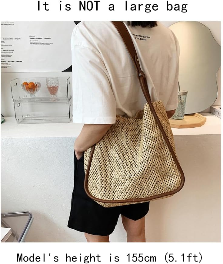 Women Faux Straw Bag Weave Tote Bag Summer Beach Bag Shoulder Bag Top Handle Bag Handbag 2 Pcs Set