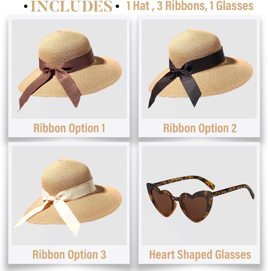 Funcredible Straw Fedora Hat for Women - Wide Brim Summer Hat - Panama Hats with Bows and Heart Shape Glasses - UPF 50+