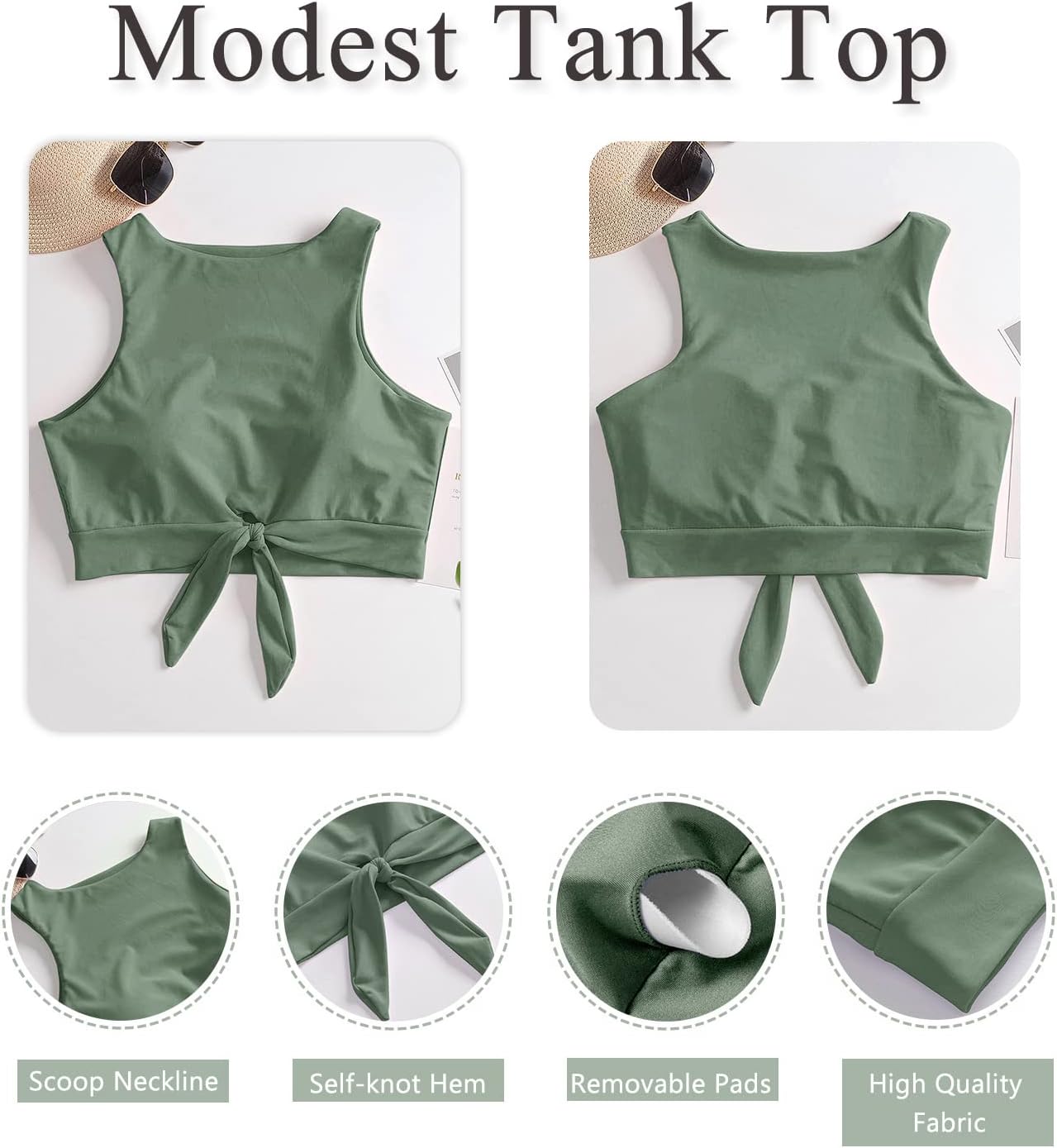 Women's Cut Out Tie Knot Front Scoop High Neck Tank Crop Top Bikini Swimsuit Top Only