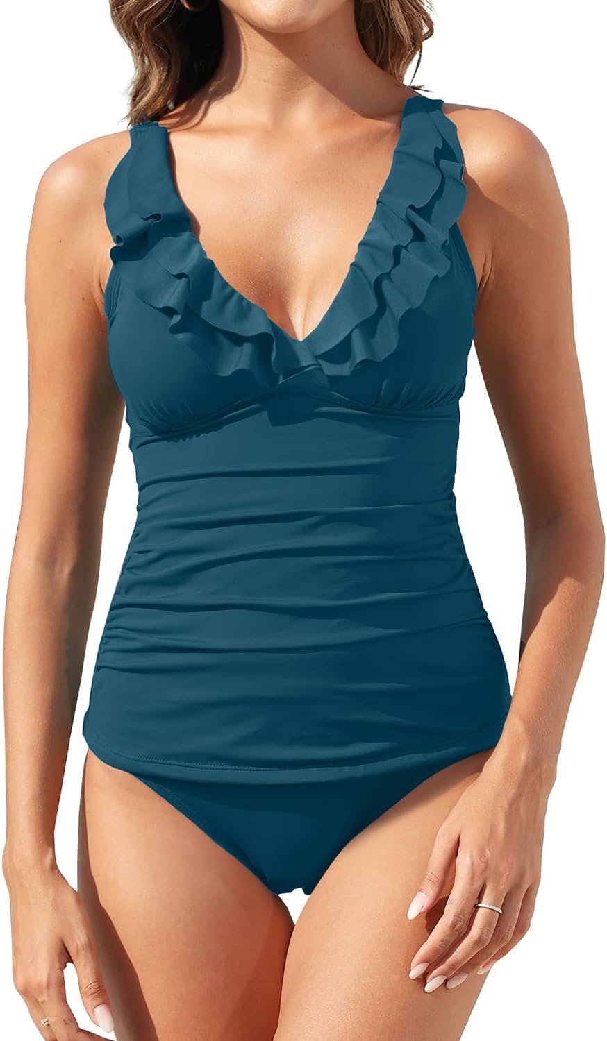 Yonique Womens Two Piece Swimsuits Ruffle Flounce Tankini Tummy Control Bathing Suits V Neck Swimwear