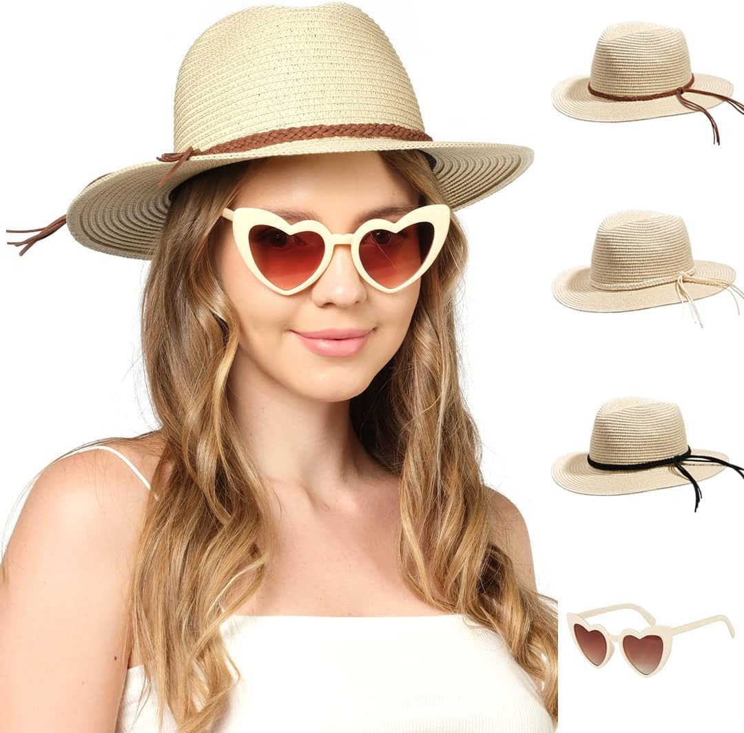 Funcredible Straw Fedora Hat for Women - Panama Hat with Bows and Heart Shape Glasses - Foldable Sun Hat - Packable Beach Hat