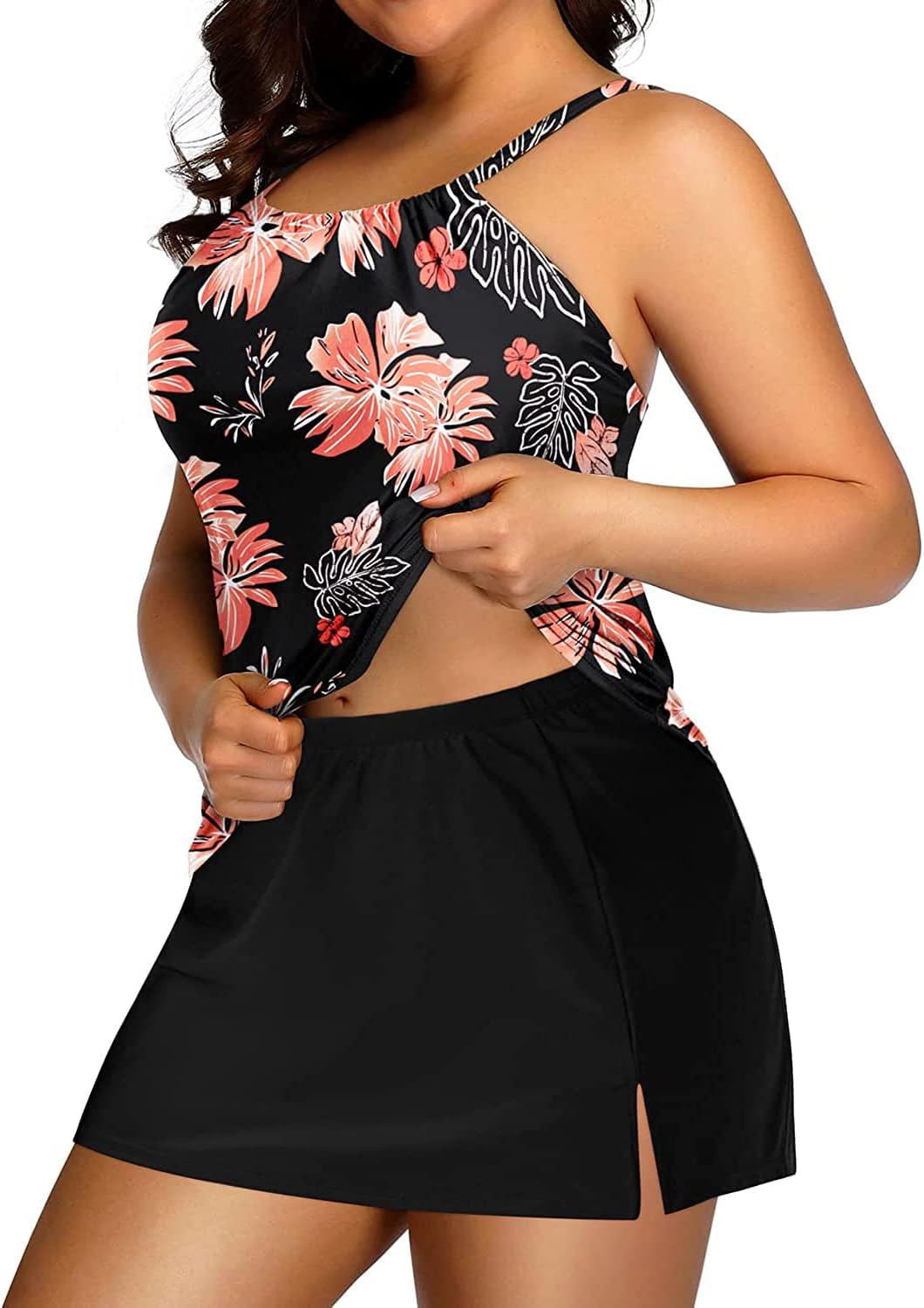 Yonique Women Two Piece Plus Size Tankini with Skirt Tummy Control Bathing Suits High Neck Swimsuits