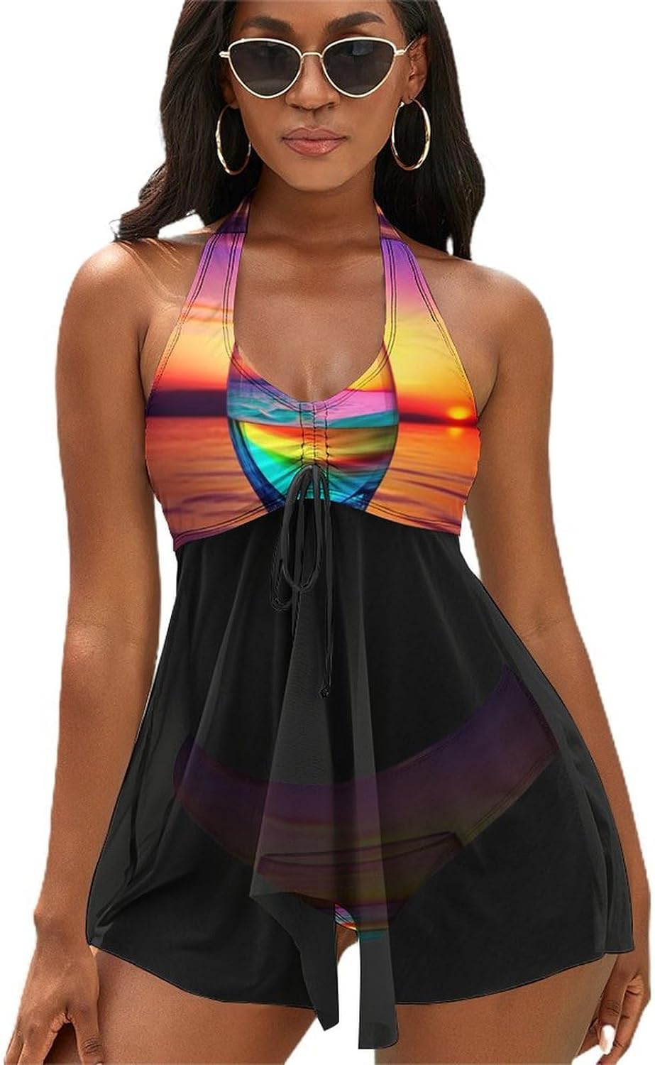 Colorful Glass Drink Sunset Tankini Swimsuits for Women Two Piece Bathing Suits 2024 Summer Beach Swimwear Swim Tank Top