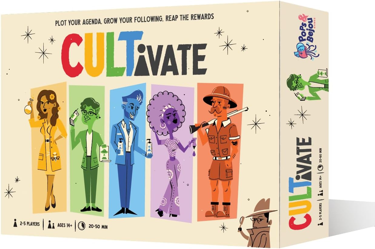 Cultivate Board Game | Award-Winning | Satirical Cult Leaders | Casual Board Game | Take-That | Ages 14+ | for 2-5 Players | 20-50 Min Playtime | Made by Pops & Bejou Games