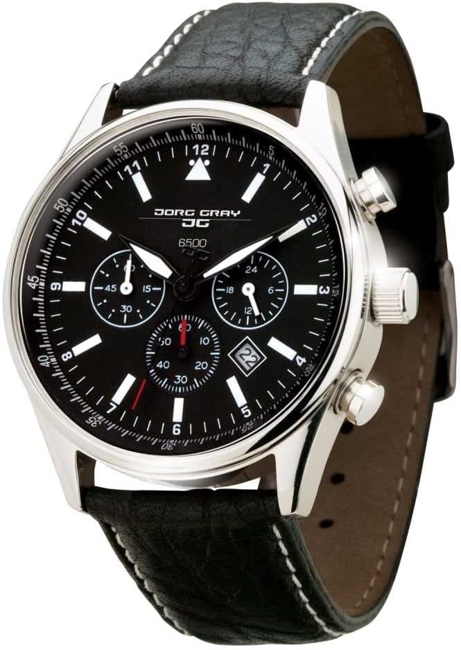 JG6500 Commemorative Round Watch with Black Italian Buffalo Grain Leather Strap with White Stitches