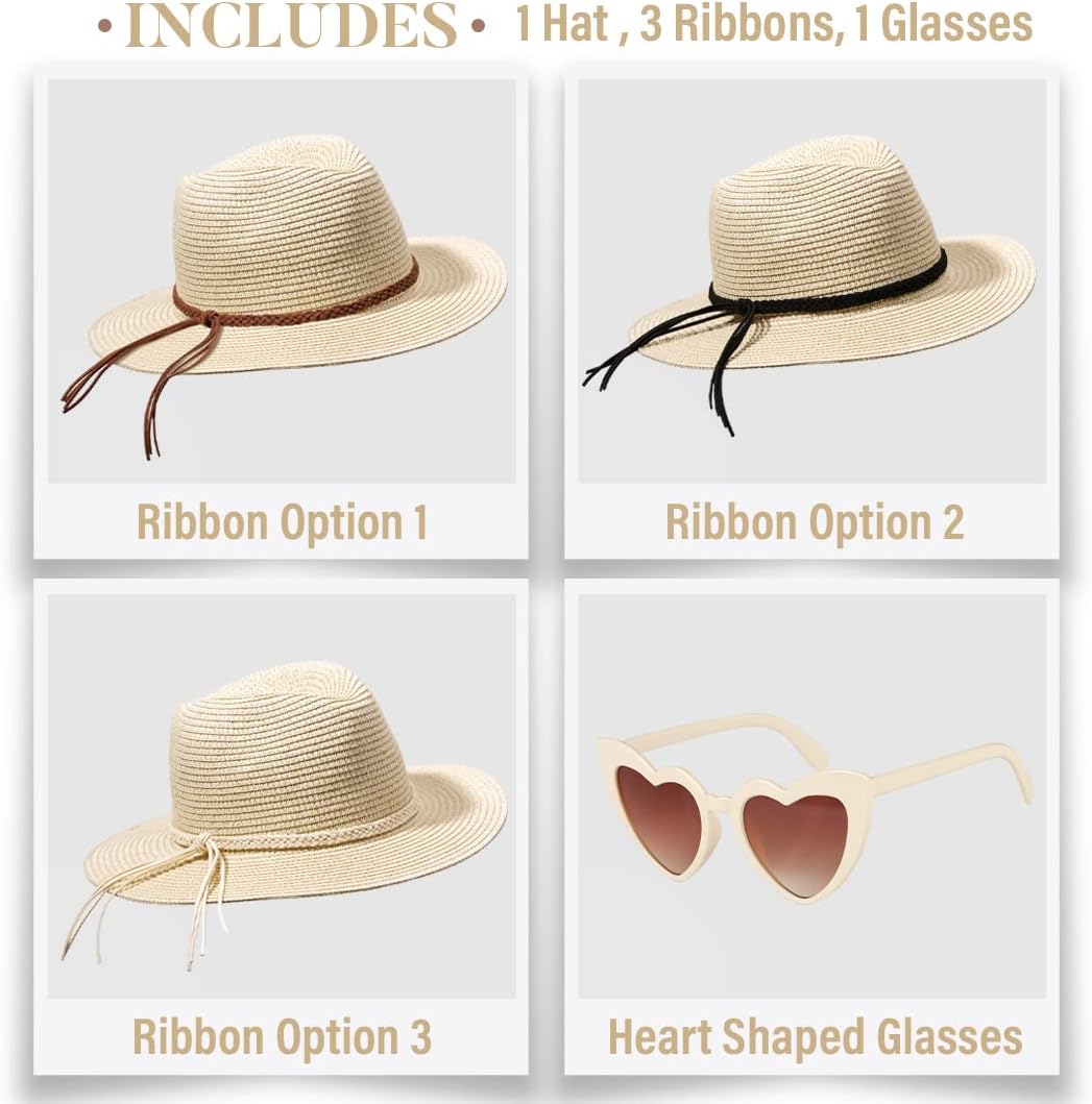 Funcredible Straw Fedora Hat for Women - Panama Hat with Bows and Heart Shape Glasses - Foldable Sun Hat - Packable Beach Hat