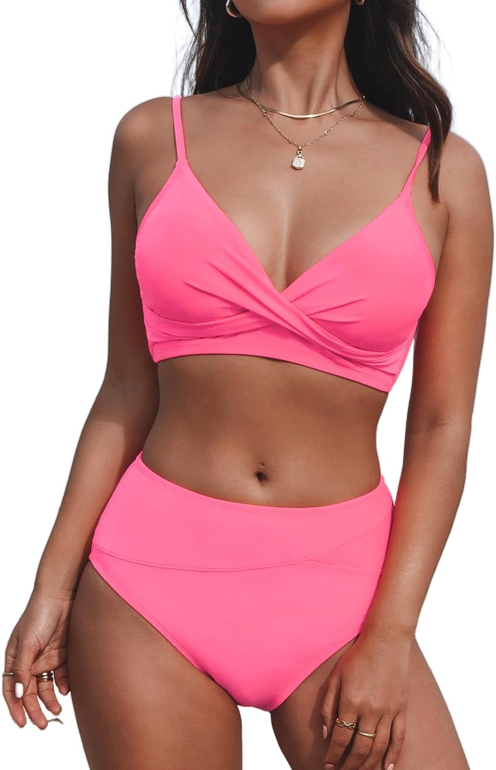 CUPSHE Women's Bikini Sets Two Piece Swimsuit High Waisted V Neck Twist Front Adjustable Spaghetti Straps Bathing Suit