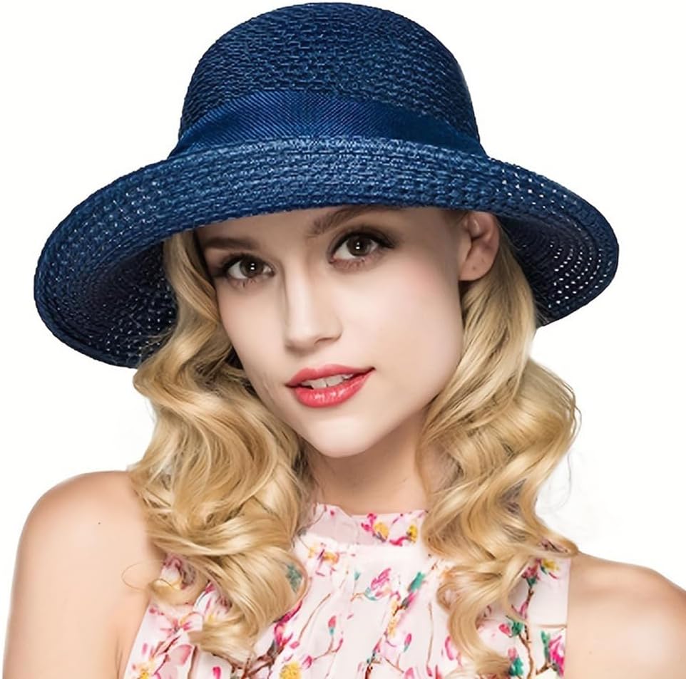 Women Straw Sun Hats Wide Brim Ribbons Roll Up Bucket UPF 50+ Foldable Floppy Sun Hat with Strap UV Protection Summer Beach