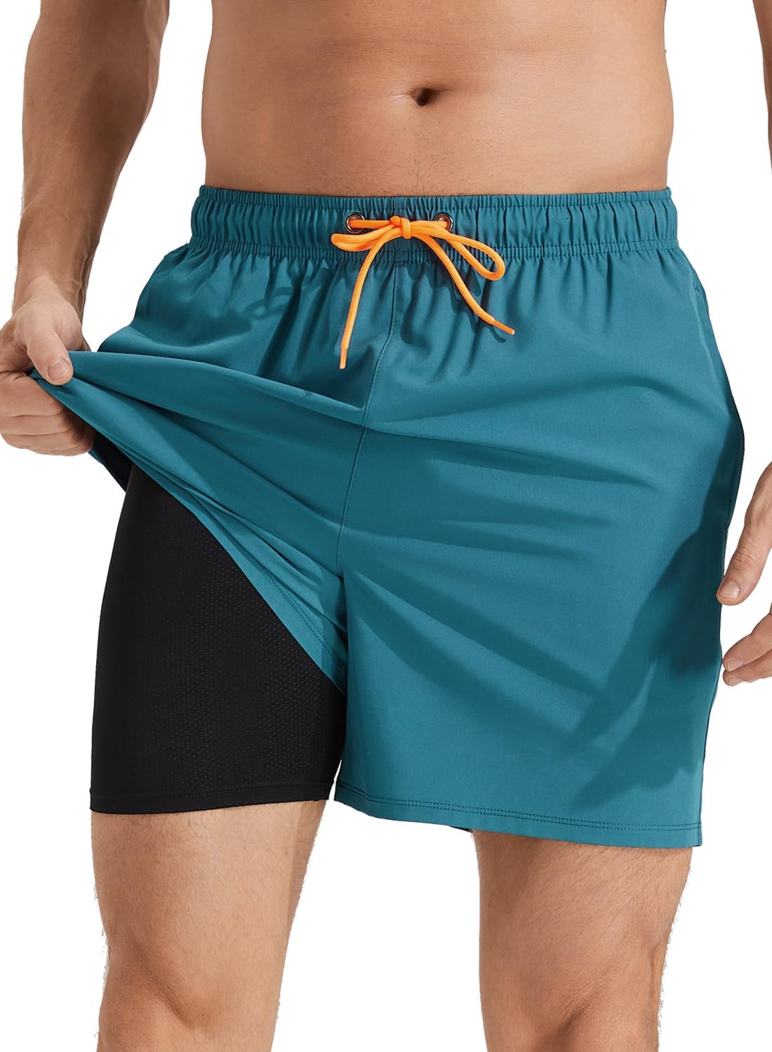 Mens Swim Trunks with Compression Liner Quick Dry Beach Shorts with Zipper Pockets