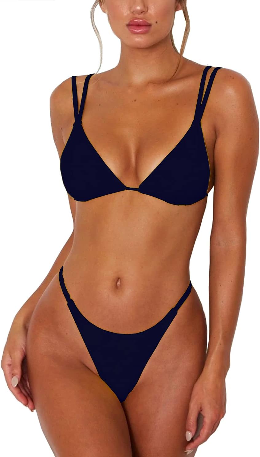 Women's Sexy Thong Bottom Two Piece Bikini Double Shoulder Straps Cute Swimsuit Triangle Bathing