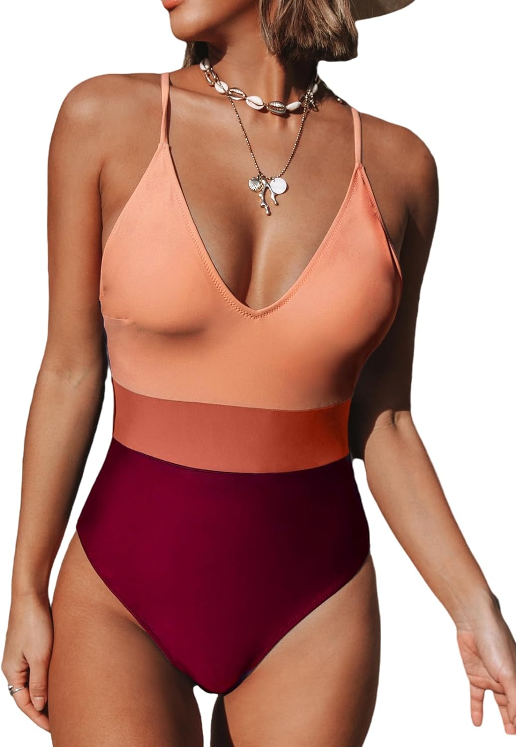 CUPSHE One Piece Swimsuit for Women Bathing Suits Deep V Neck Crisscross Back Color Block