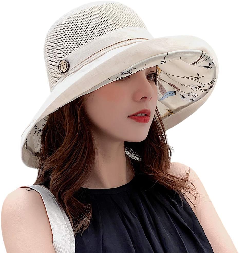 Women-Mesh Summer Sun-Hats, Wide Brim Packable Outdoor UV-Protection Beach Fishing Cap