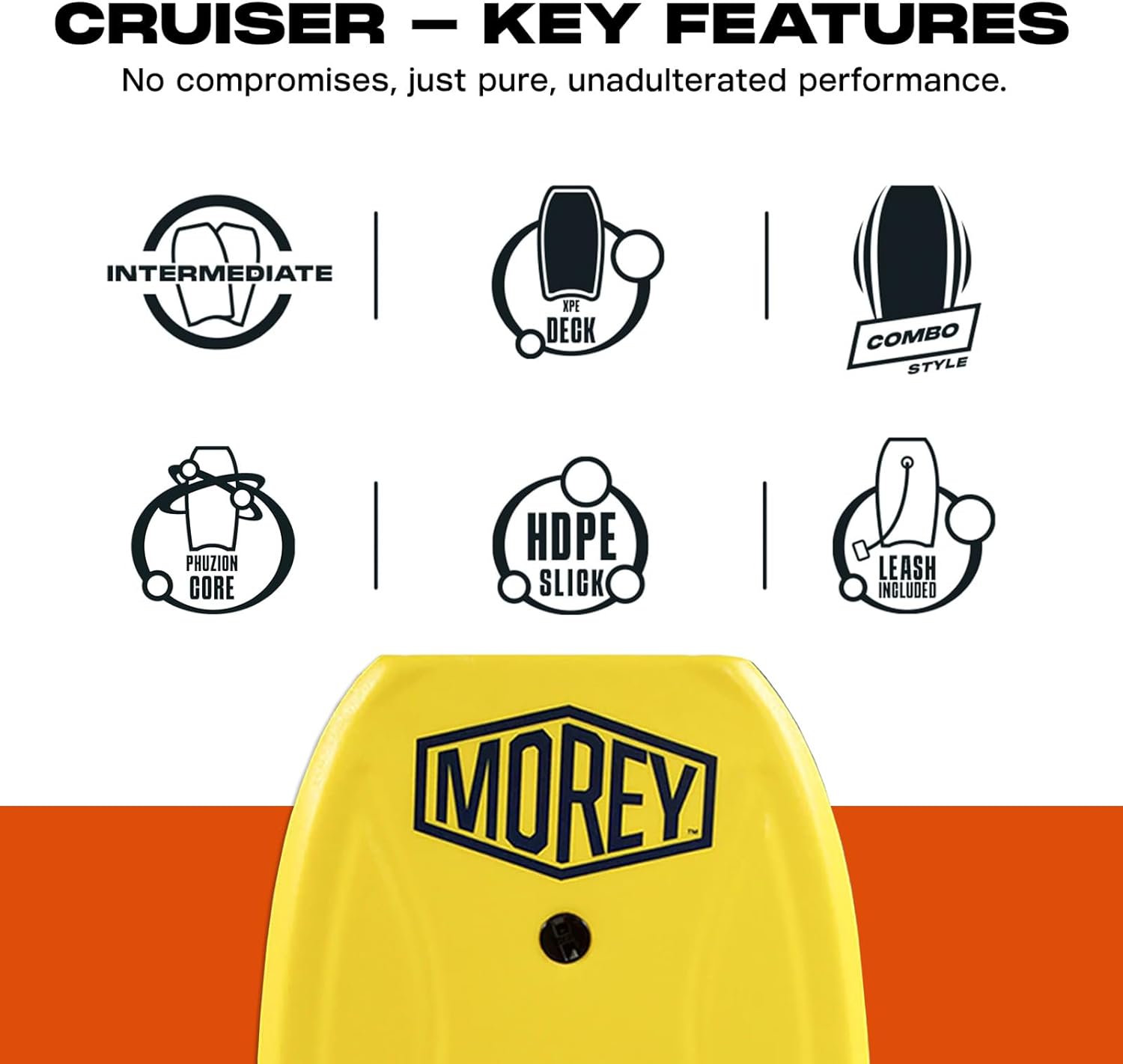 Morey Cruiser 42.5" Bodyboard | High Performance Bodyboards for All Skill Levels | Full Size 42.5 | Phuzion Core | Coil Leash | Hdpe Slick | Deck Contours | Crescent Tail