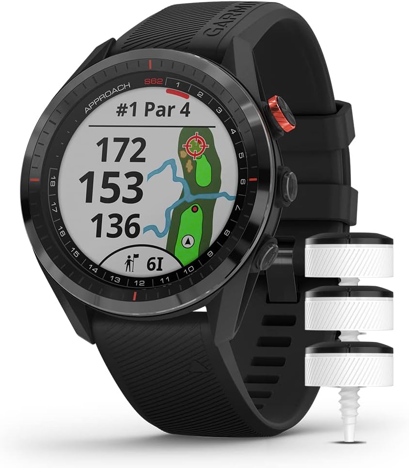 Garmin Approach S62 (Black Bundle) Premium Golf GPS Watch Bundle - Virtual Caddie, Mapping & Full Color Screen - Includes Club Tracking Sensors, PlayBetter Screen Protectors & Portable Charger