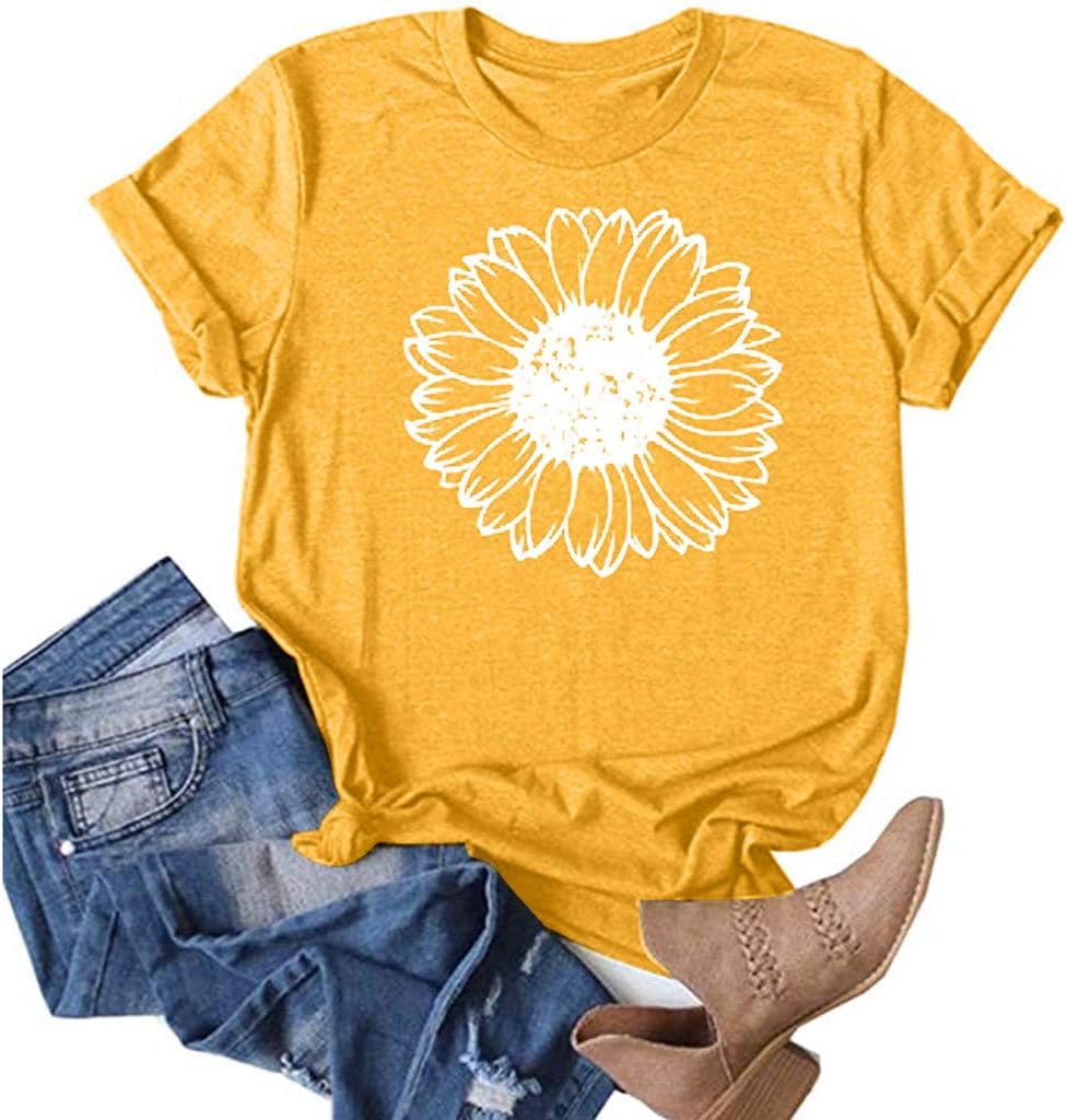 Women Summer Tops 2024 Trendy Causal Cute Flower Printed Tee Tops Loose Fit Crew Neck Short Sleeve Graphic Tshirts