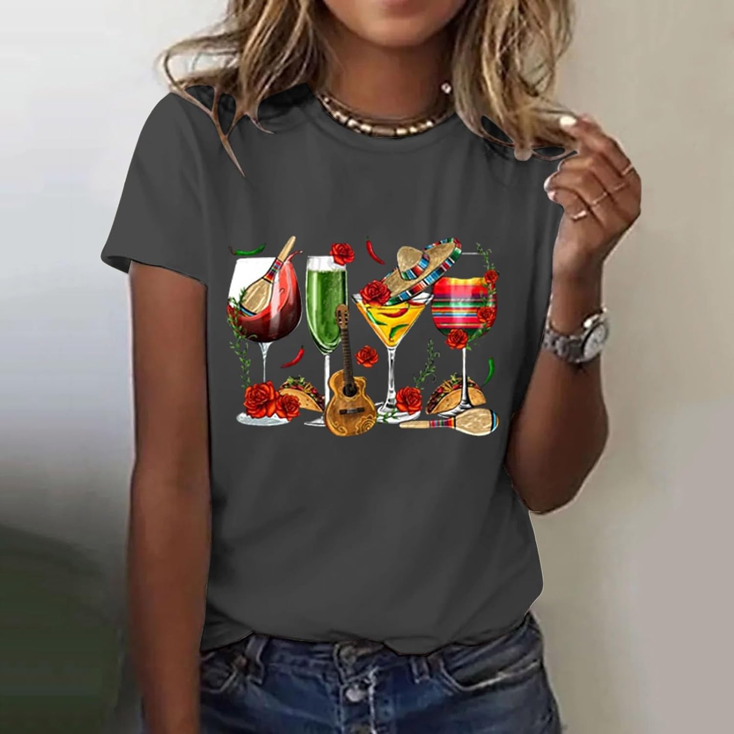 PKDong Graphic Tees for Women Cinco De Mayo Shirt Funny Women's Wine Glass Shirt Short Sleeve Tops Womens Graphic Tees Cinco De Mayo Shirts Plus Size Womens Summer Tops 2024 (A01 Dark Gray, Small)