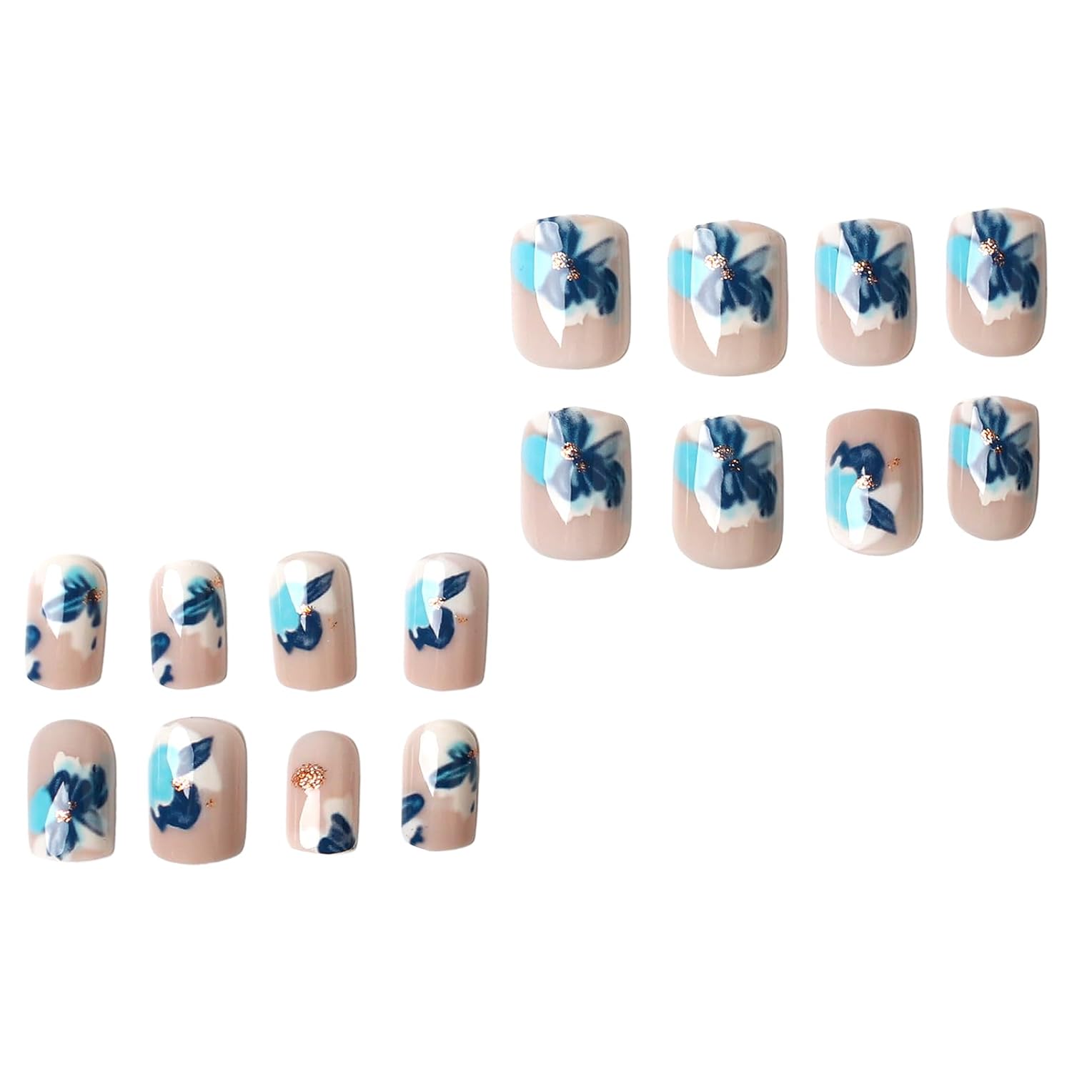 Flower Press on Nail Short 24pcs Spring Summer Flower Fake Nail Sqaure Floral Full Clover False Nail for Women Girls (01-blue flower)