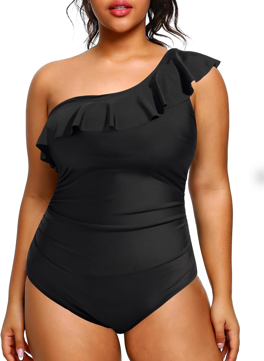 Aqua Eve Plus Size Bathing Suits for Women One Piece Swimsuits One Shoulder Ruffle Tummy Control Swimwear