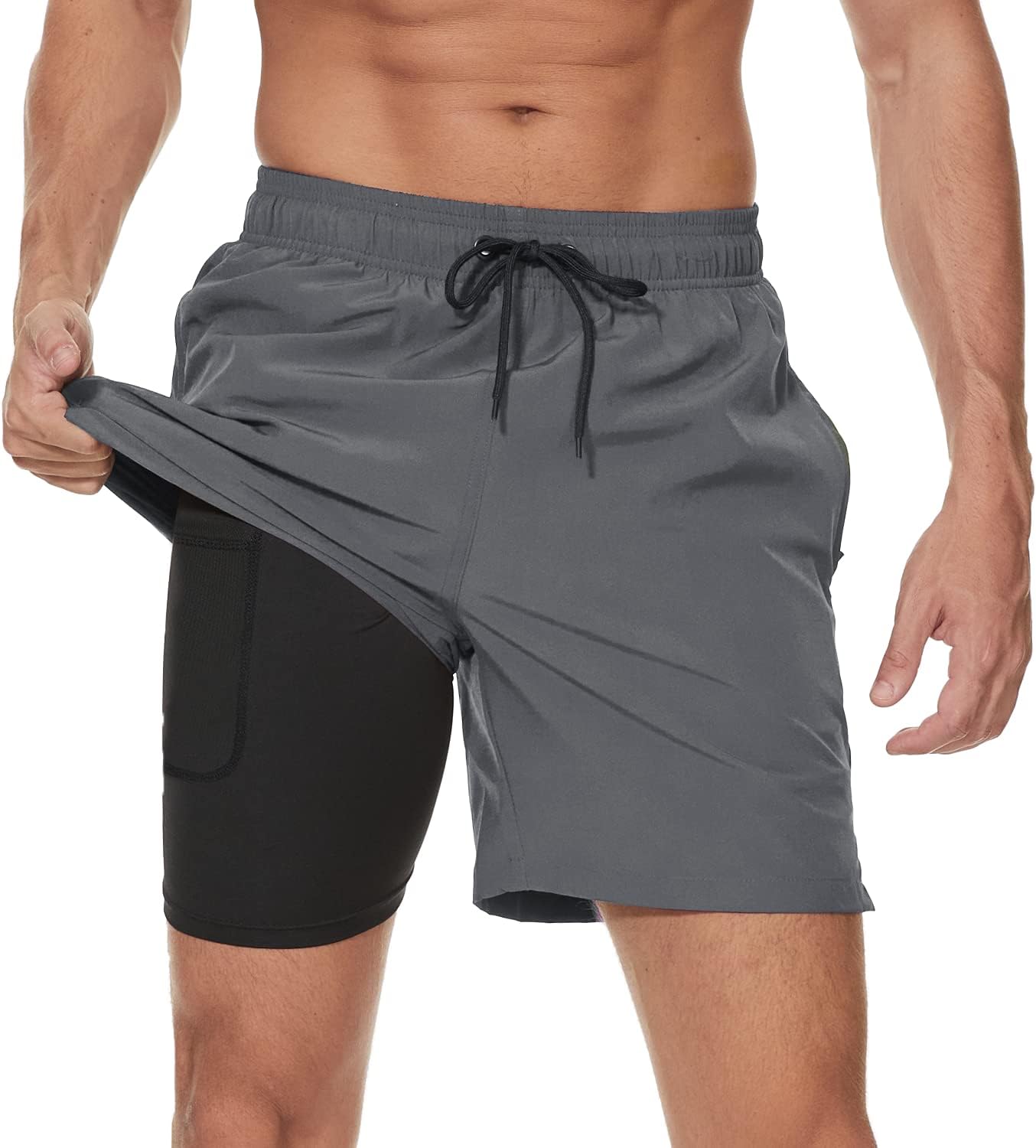 Arcweg Mens Swim Trunks with Compression Liner 2 in 1 Beach Swimming Trunks Quick Dry Swim Shorts with Zipper Pockets