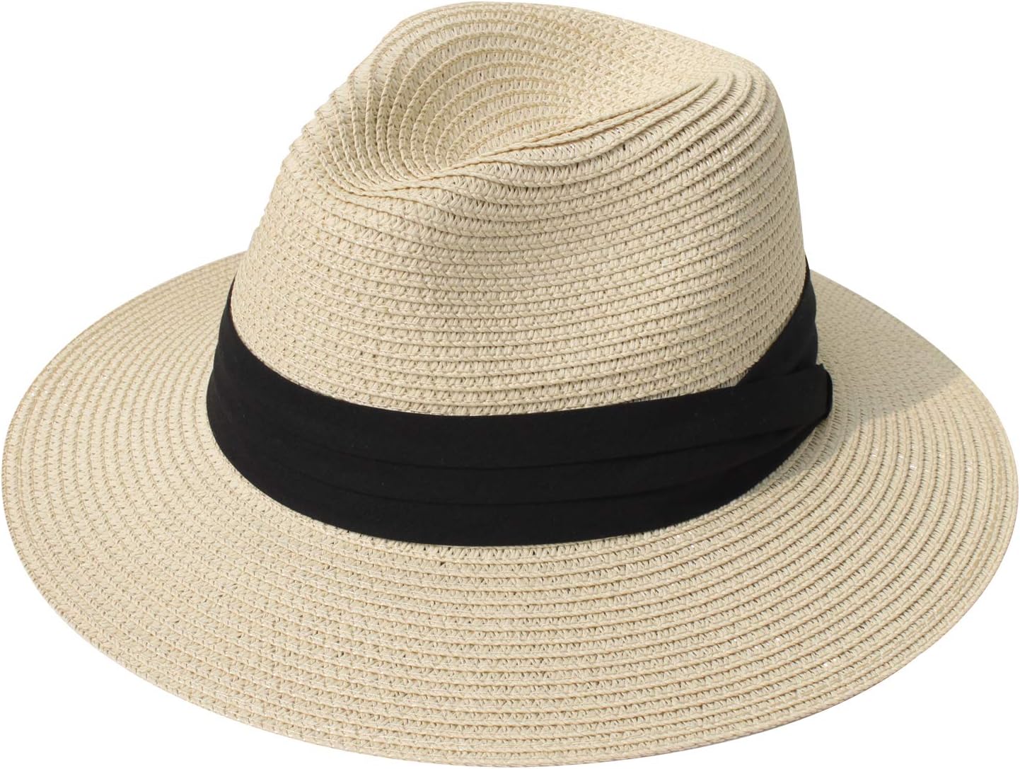 DRESHOW Women Straw Panama Hat Travel Fedora Beach Sun Hat Summer Wide Brim Straw Roll up Hat UPF 50+