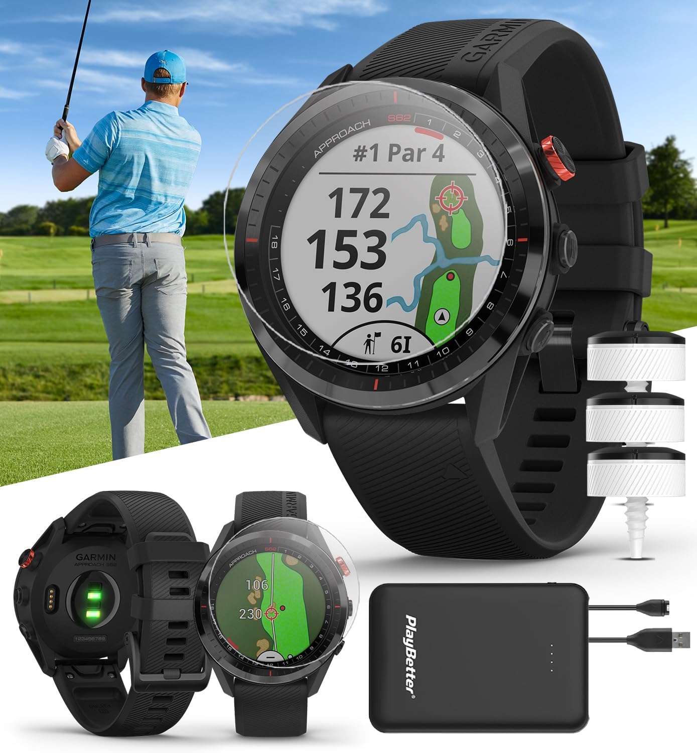 Garmin Approach S62 (Black Bundle) Premium Golf GPS Watch Bundle - Virtual Caddie, Mapping & Full Color Screen - Includes Club Tracking Sensors, PlayBetter Screen Protectors & Portable Charger