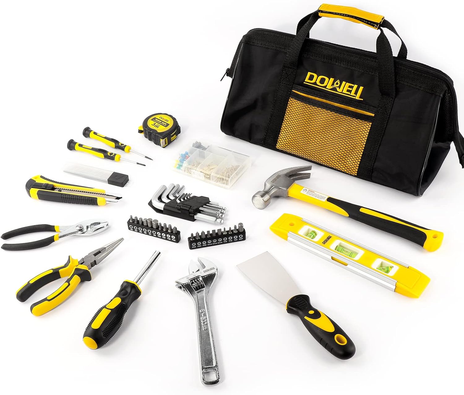 DOWELL 146PCS Homeowner Tool Set, Household Repairing Tool Kit with 14-Inch Wide Mouth Open Storage Tool Bag