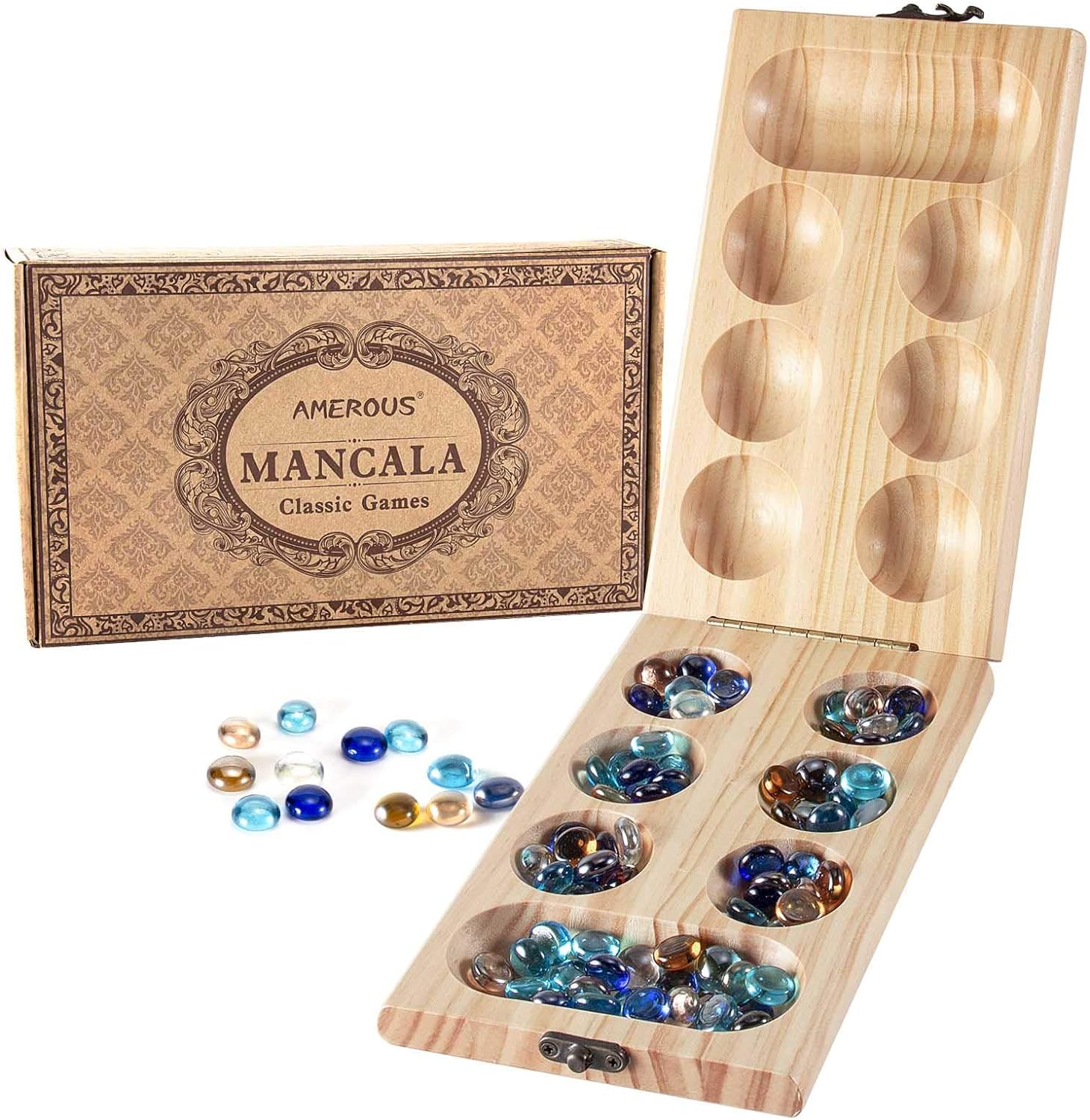 AMEROUS Wooden Mancala Board Game Set - Folding Board - 72+8 Bonus Multi Color Glass Stones - Gift Package - Mancale Instructions, Portable Travel Board Game for Kids and Adults