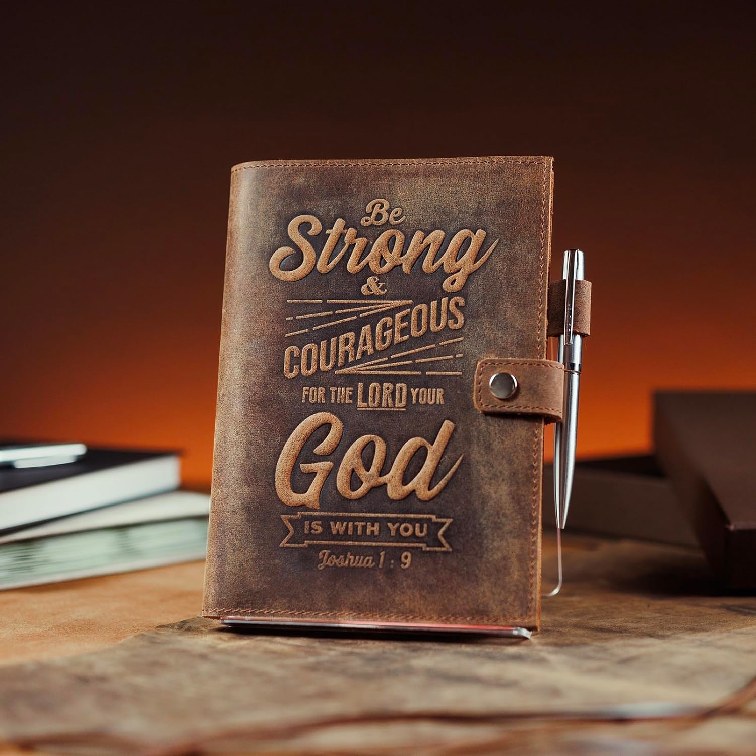 moonster Refillable Leather Journal Lined Notebook – Journals for Men w/Joshua 1v9 Embossed Bible Verse – Leather Notebook with Pen Holder - Includes 320 Pages Milled A5 Ruled Paper & Luxury Pen