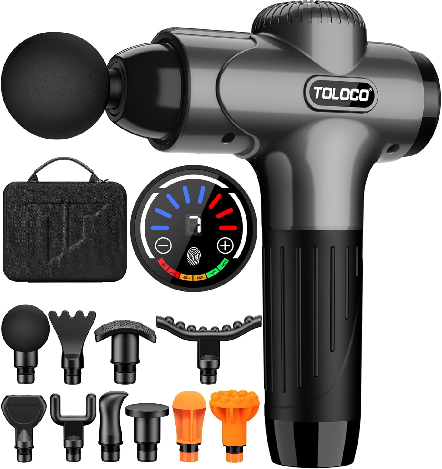 TOLOCO Massage Gun, Muscle Massage Gun Deep Tissue, Percussion Massage Gun with 10 Replacement Heads, Super Quiet Portable Electric Massager for Athletes, Treatment, Relax, Grey