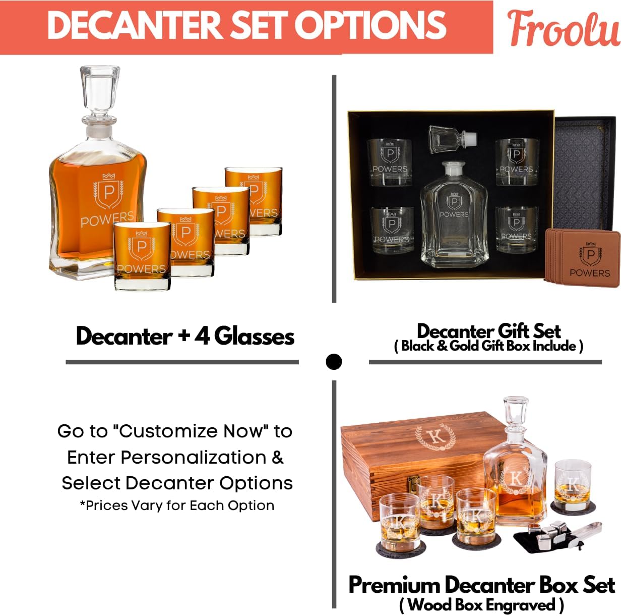 Engraved Liquor Whiskey Decanter Set with Scotch Glasses for Men - 9 Design Options - Personalized Gift Set for Him, Dad - Premium Set Includes Whiskey Stones - by Froolu