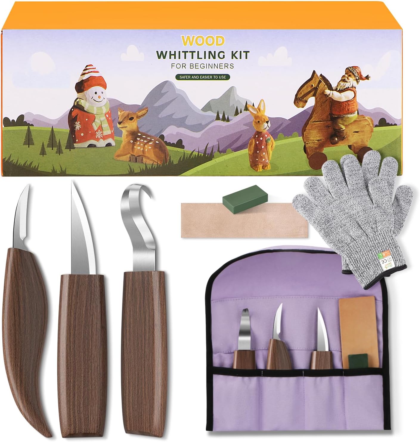 Wood Carving Tools, 10 in 1 Wood Carving Kit with Carving Hook Knife, Wood Whittling Knife, Chip Carving Knife, Gloves, Carving Knife Sharpener for Beginners Woodworking kit