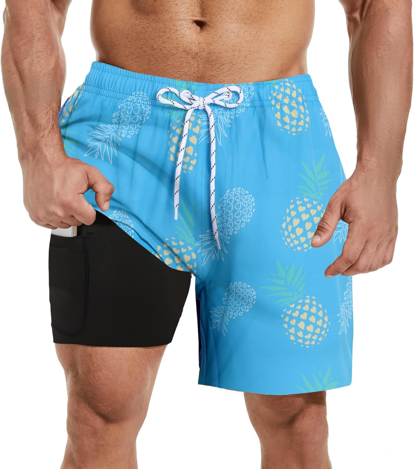 Mens Swim Trunks with Compression Liner 7" Inseam Quick Dry Board Shorts Swim Shorts Bathing Suits