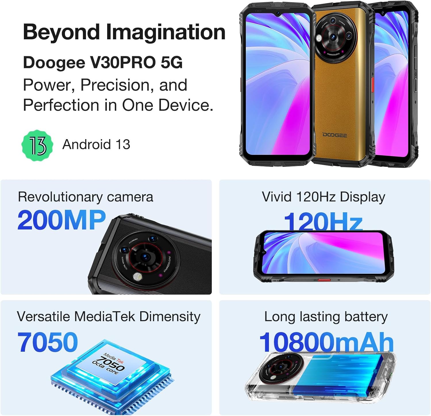 DOOGEE V30 PRO 5G Rugged Smartphone Unlocked, 32GB+512GB/2TB TF Dimensity 7050 Octa Core Waterproof Android 13 Mobile Phones, 10800mAh, 200MP Main Camera Dual Sim Cell Phone/WiFi6/OTG/NFC - Khaki