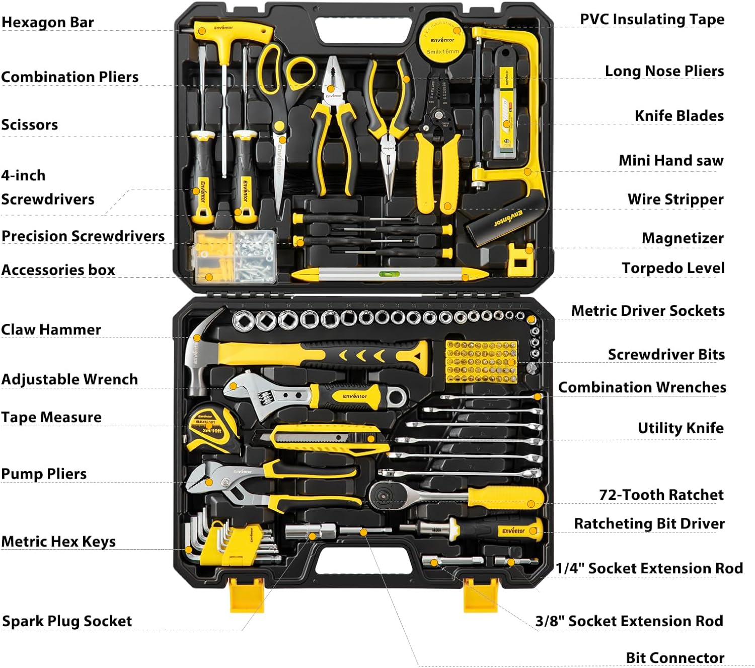 ENVENTOR Home Tool Kit, 220 Pcs Basic Household Auto Repair Tool Set with Toolbox Storage Case, Wrench Combination Tool Set for Men Women Home Maintenance, DIY Projects, General Hand Tool Kit