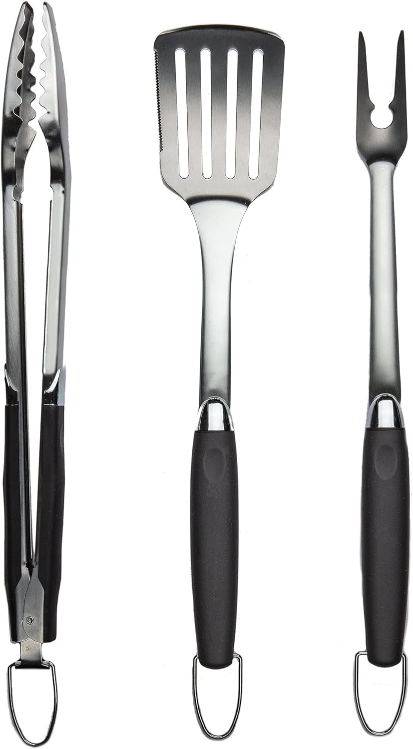 3 Piece Stainless Steel BBQ Grill Tool Set w/Tongs, Spatula & Fork - Accessories for Outdoor Barbecue Grills (3 Piece Set)