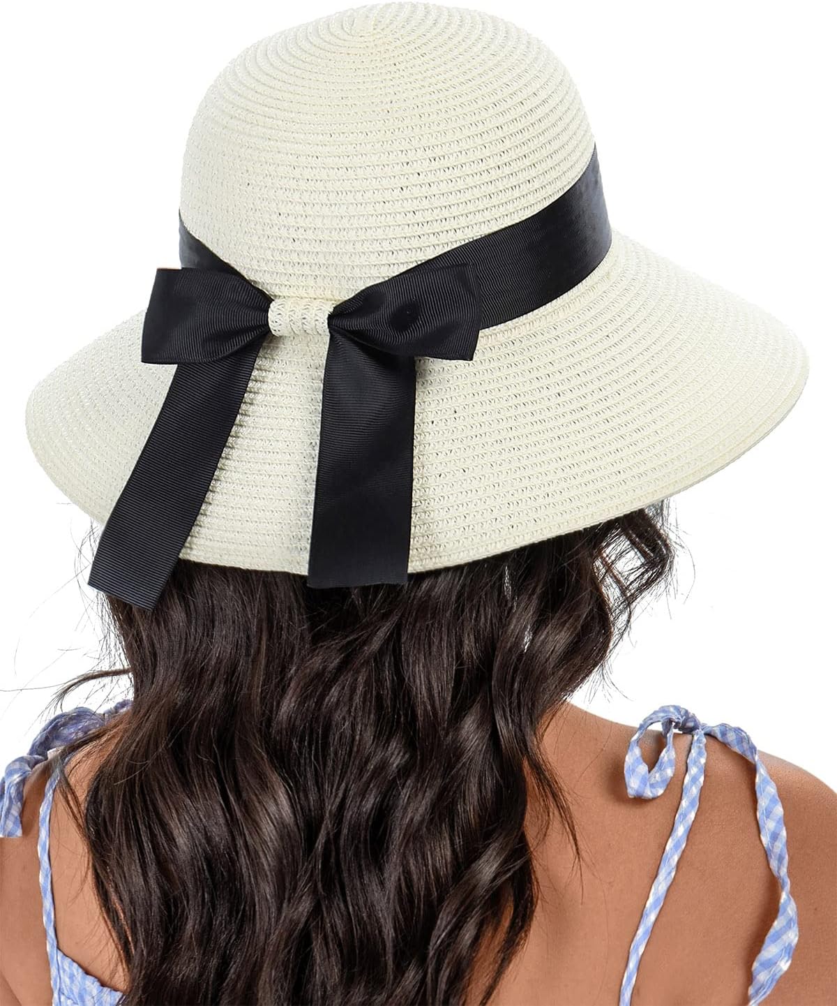 Sun Straw Hat for Women with Wind Lanyard Wide Brim Foldable Beach Summer Hats Womens UV 50+ Protection Bowknot Cap