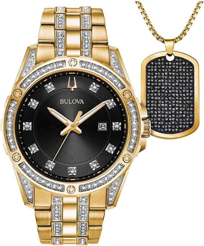 Bulova Men's Crystal Accented Gift Set with 3-Hand Date Quartz Watch and Dog Tag Box Chain Necklace