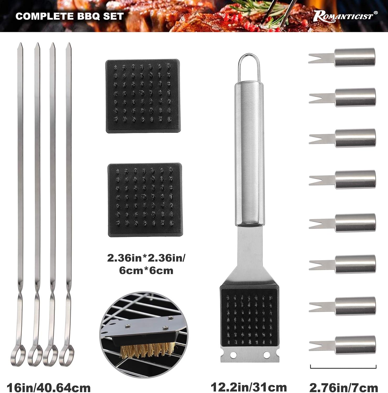 ROMANTICIST 23pc Must-Have BBQ Grill Accessories Set with Thermometer in Case - Stainless Steel Barbecue Tool Set with 2 Grill Mats for Backyard Outdoor Camping - Father's Day Best Barbecue Gift