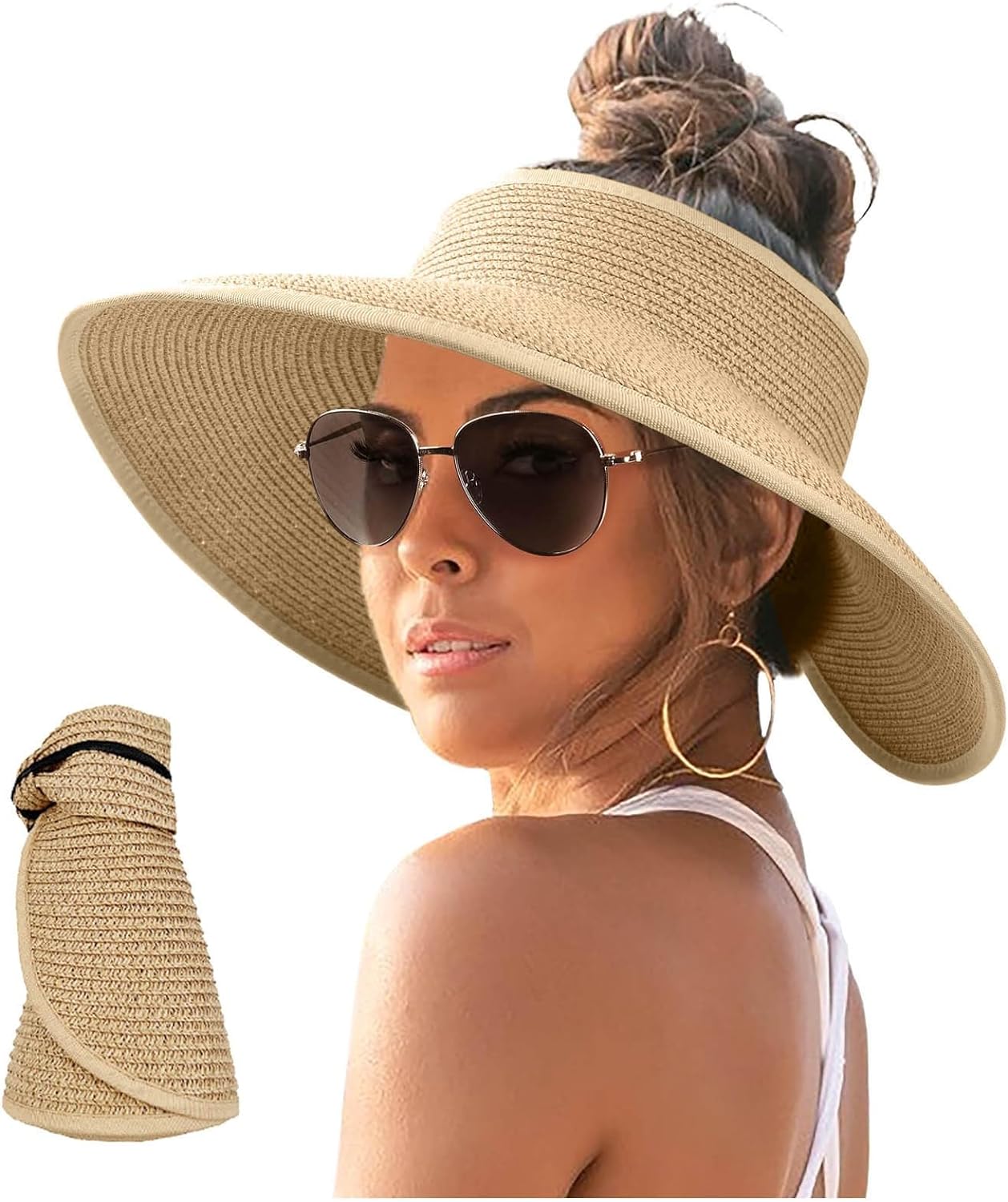 2024 Sun Visor Hats for Women Wide Brim Straw Roll-Up Ponytail Summer Beach Hat UV UPF Packable Foldable Travel