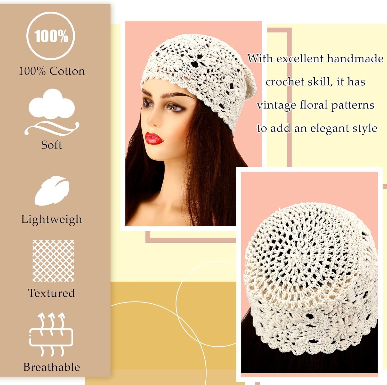 4 Pcs Crochet Slouchy Beanie Hat Fall Handmade Knit Floral Skull Cap Cotton Cutout Summer Hats for Women Lightweight Knitted