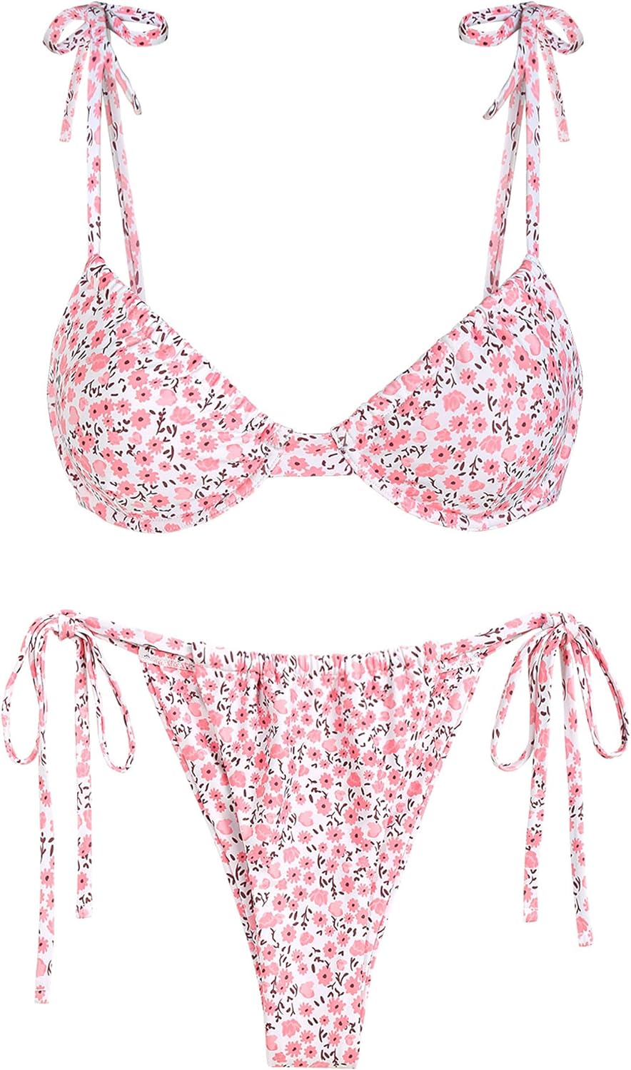 ZAFUL Women's Underwire Bikini Set Floral Print Adjustable Tie Self Swimsuit 2 Piece Bathing Suits Drawstring Swimwear