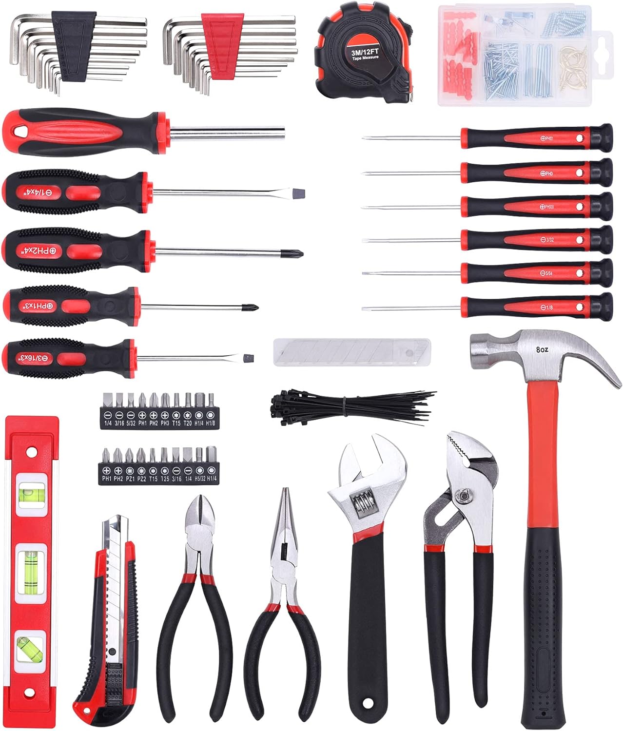 FASTPRO 215-Piece Home Repairing Tool Set with 12-Inch Wide Mouth Open Storage Bag,Household Hand Tool Kit,Red