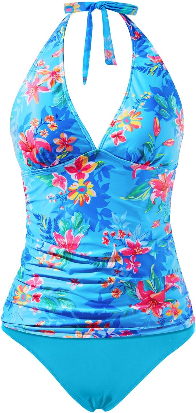 Holipick Two Piece Tankini Swimsuits for Women Tummy Control Bathing Suits Sexy V Neck Halter Tankini Top with Bikini Bottom