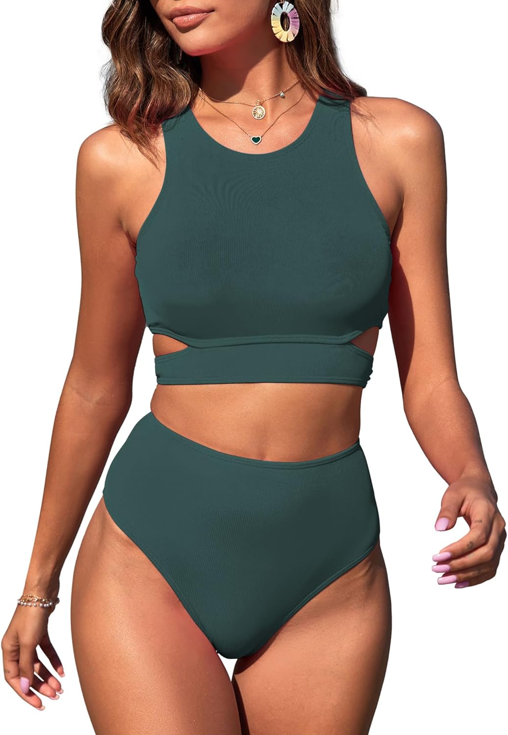 ZAFUL Women's Swimsuit Bikini Sets Two Piece Swimsuit Scoop Neck Tank Side Cutout Midkini Stitching