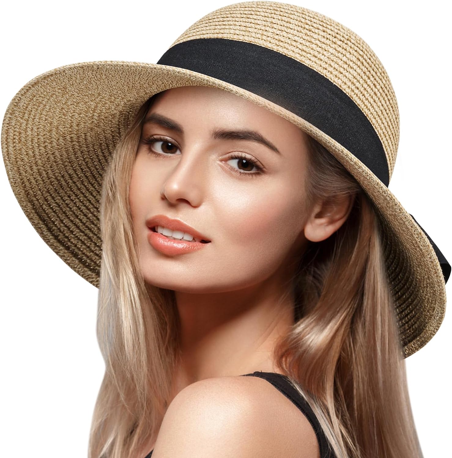 VIFUUR Womens Straw Hats Wide Brim Summer Visor Beach Sun Hat Packable UPF UV Foldable Travel