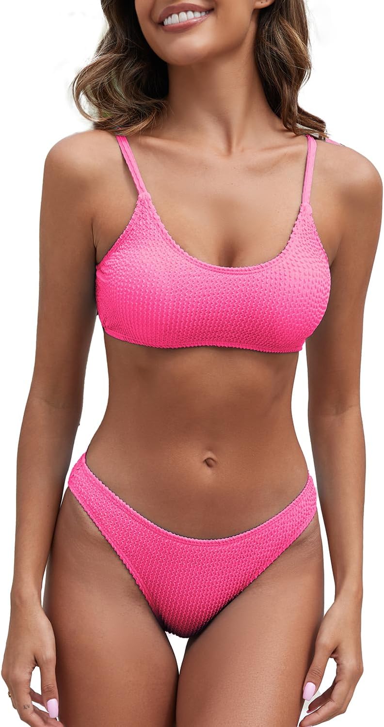 Fanuerg Women's Ribbed Bikini Sets Scoop Neck Cheeky Swimsuit Textured Two Piece Bathing Suit