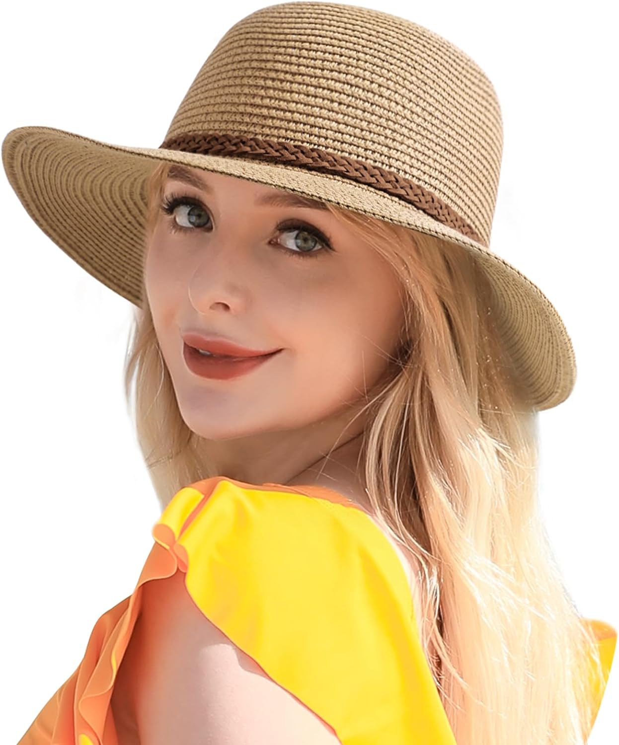 Beach Sun Straw Hats for Women, UPF 50+ UV Sun Protection Wide Brim Summer Straw Hat Foldable Packable Roll up Cap