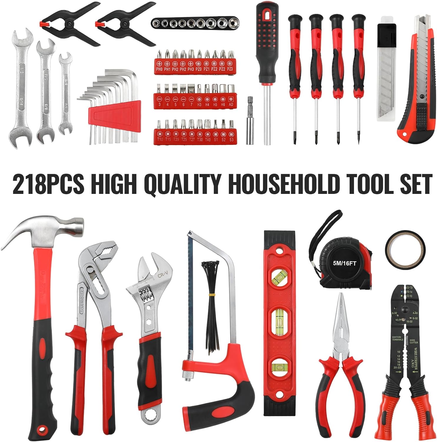 TLGREEN 218 Piece Tool Kit, Fathers Day Gifts Tool Set Mechanics Kit, Portable Tool Box Set with Saw Adjustable Wrench Drive Socket Combination Wrench, with Plastic Toolbox, for Home Apartment Garage