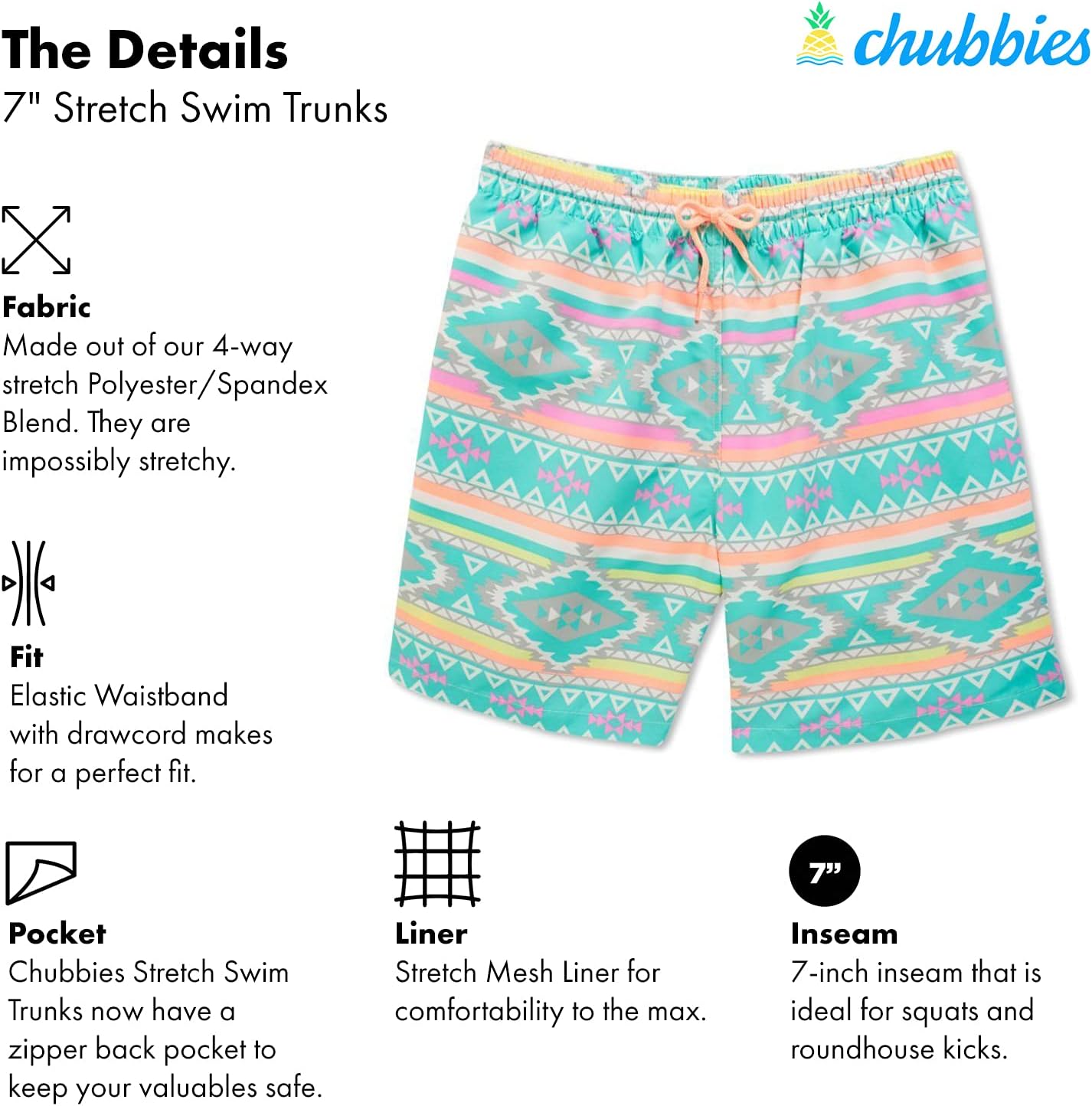 Chubbies Men’s Swim Shorts, Stretch Swimming Board Trunks, Beach Shorts, Quick Dry, 7 Inch Inseam